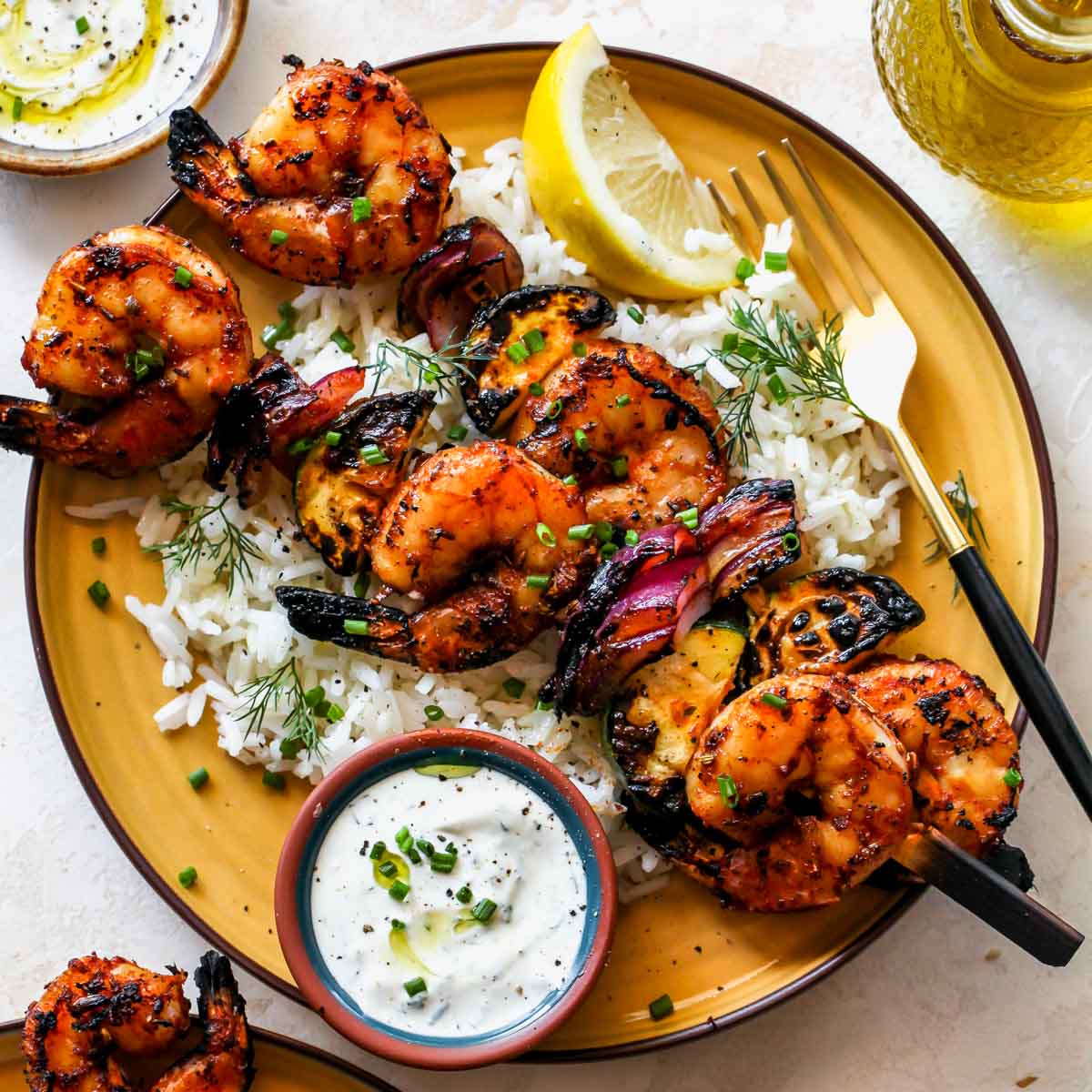 Greek-Marinated Shrimp Skewers with Lemon-Dill Sauce - Dishing Out Health