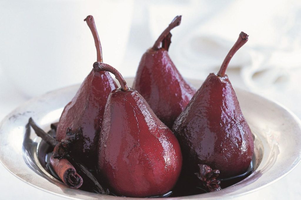 Spiced red wine poached pears